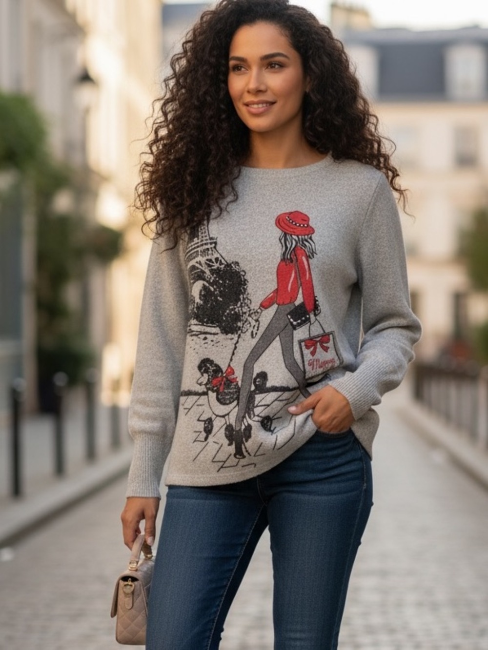 Gray Graphic Crewneck Sweater with Red Accents